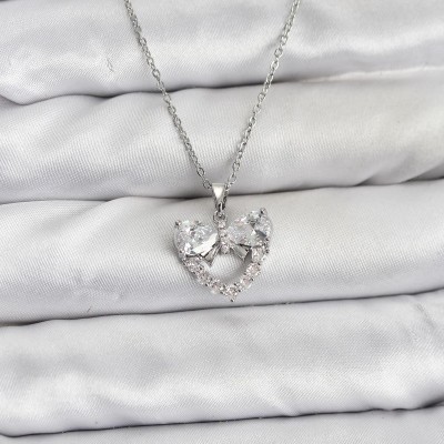 316L Çelik Zincir Gümüş Renk Kalp ve Fiyonk Model Zirkon Taşlı Kadın Kolye