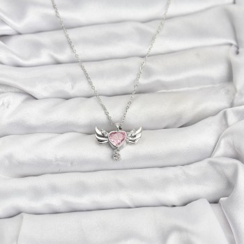 316L Çelik Zincir Gümüş Renk Kanatlı Kalp Model Zirkon Taşlı Kadın Kolye