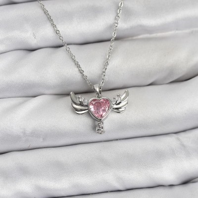 316L Çelik Zincir Gümüş Renk Kanatlı Kalp Model Zirkon Taşlı Kadın Kolye