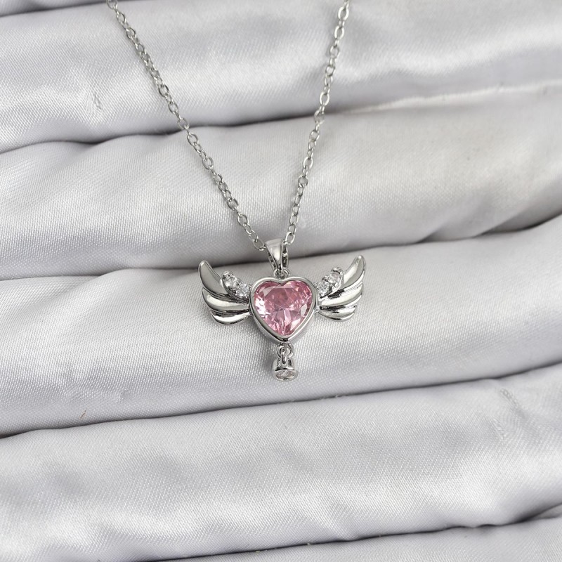 316L Çelik Zincir Gümüş Renk Kanatlı Kalp Model Zirkon Taşlı Kadın Kolye