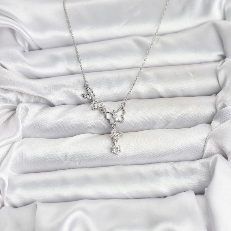 316L Çelik Zincir Gümüş Renk Kelebek Model Kadın Kolye