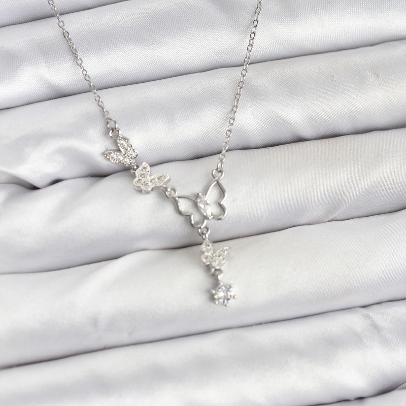 316L Çelik Zincir Gümüş Renk Kelebek Model Kadın Kolye