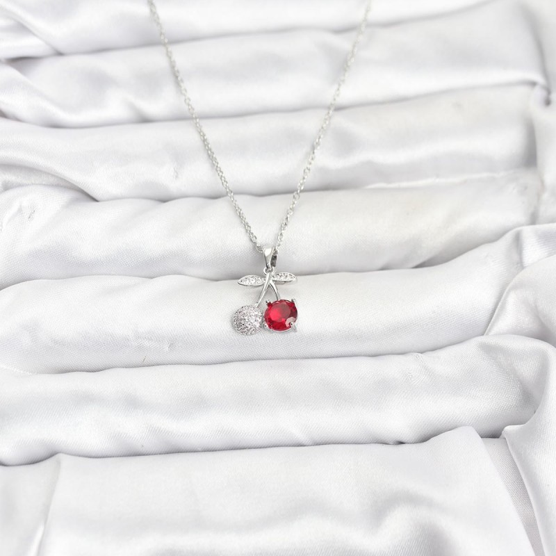 316L Çelik Zincir Gümüş Renk Kiraz Model Zirkon Taşlı Kadın Kolye