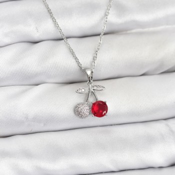 316L Çelik Zincir Gümüş Renk Kiraz Model Zirkon Taşlı Kadın Kolye