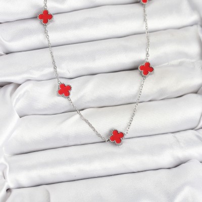 316L Çelik Zincir Gümüş Renk Kırmızı Baby Boy Yonca Kadın Kolye