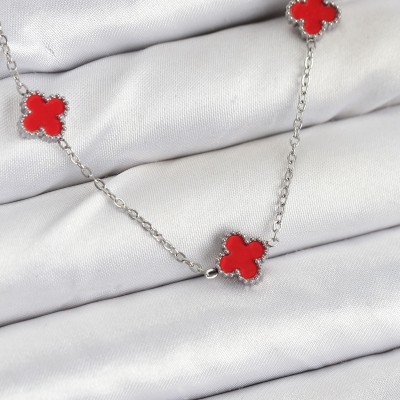 316L Çelik Zincir Gümüş Renk Kırmızı Baby Boy Yonca Kadın Kolye