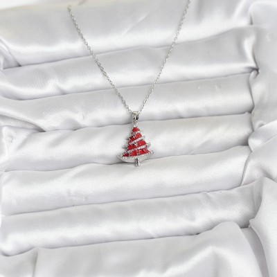 316L Çelik Zincir Gümüş Renk Kırmızı Çam Ağacı Model Yılbaşı Temalı Kadın Kolye