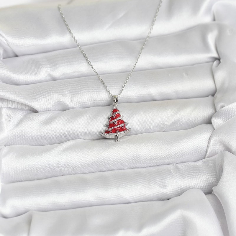 316L Çelik Zincir Gümüş Renk Kırmızı Çam Ağacı Model Yılbaşı Temalı Kadın Kolye