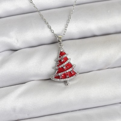 316L Çelik Zincir Gümüş Renk Kırmızı Çam Ağacı Model Yılbaşı Temalı Kadın Kolye