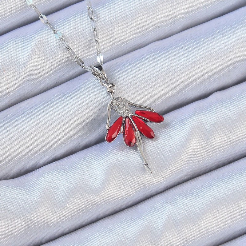 316L Çelik Zincir Gümüş Renk Kırmızı Etekli Zirkon Taşlı Balerin Kolye