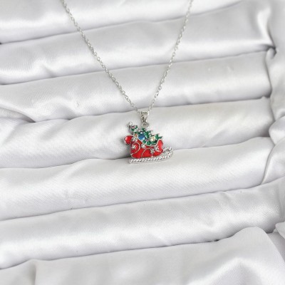 316L Çelik Zincir Gümüş Renk Kızak ve Çam Ağacı Figürlü Yılbaşı Temalı Kadın Kolye