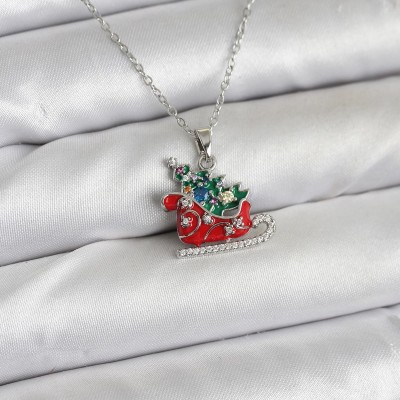 316L Çelik Zincir Gümüş Renk Kızak ve Çam Ağacı Figürlü Yılbaşı Temalı Kadın Kolye