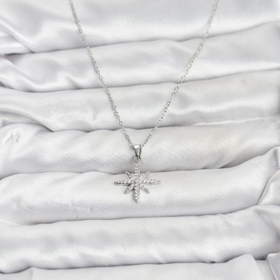 316L Çelik Zincir Gümüş Renk Kutup Yıldızı Model Zirkon Taşlı Kadın Kolye