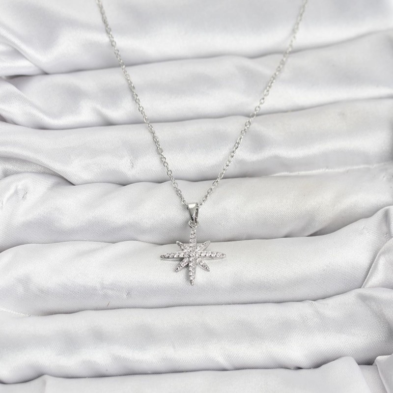 316L Çelik Zincir Gümüş Renk Kutup Yıldızı Model Zirkon Taşlı Kadın Kolye