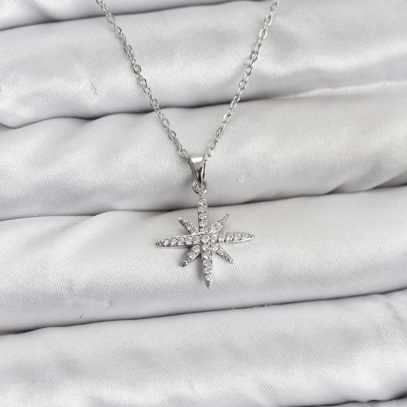316L Çelik Zincir Gümüş Renk Kutup Yıldızı Model Zirkon Taşlı Kadın Kolye