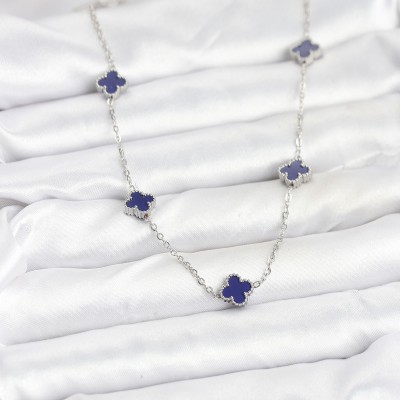 316L Çelik Zincir Gümüş Renk Lacivert Baby Boy Yonca Kadın Kolye