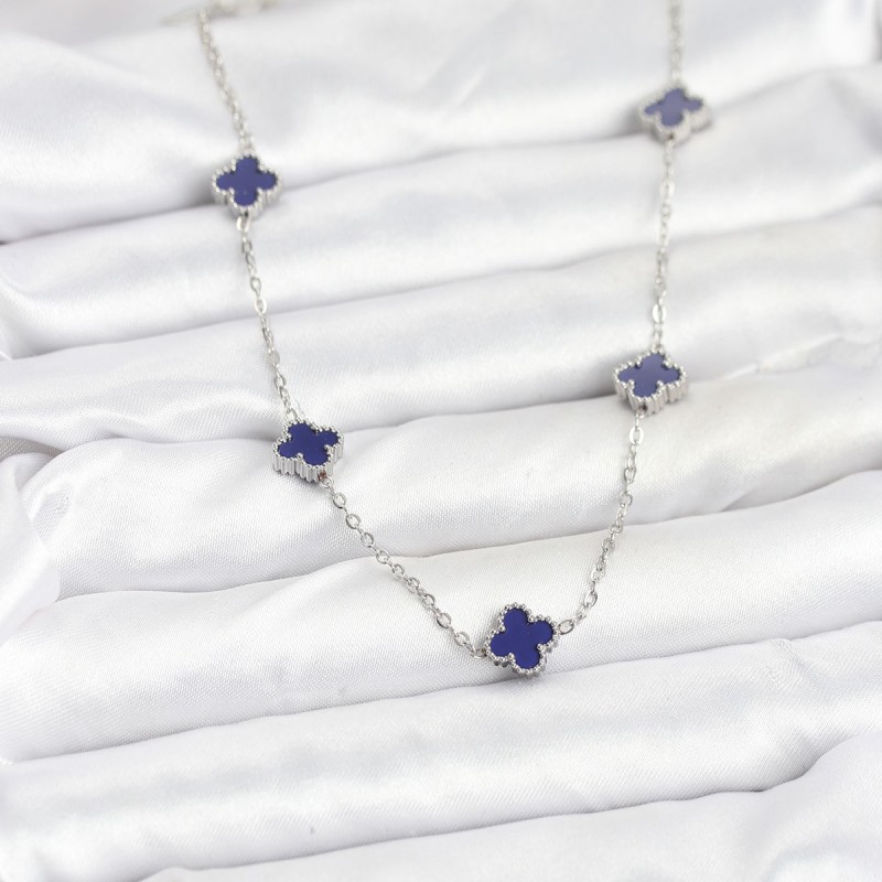 316L Çelik Zincir Gümüş Renk Lacivert Baby Boy Yonca Kadın Kolye