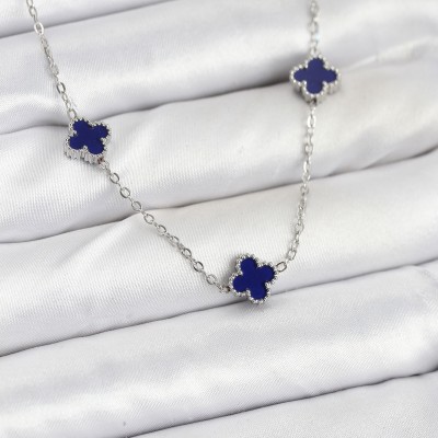 316L Çelik Zincir Gümüş Renk Lacivert Baby Boy Yonca Kadın Kolye