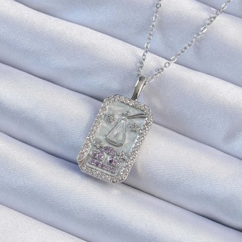 316L Çelik Zincir Gümüş Renk Lila Zirkon Taşlı Tarot Kolye