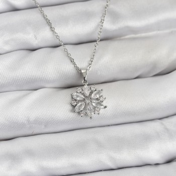 316L Çelik Zincir Gümüş Renk Lotus Model Zirkon Taşlı Kadın Kolye