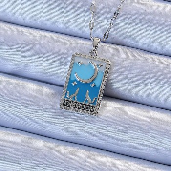 316L Çelik Zincir Gümüş Renk Mavi Mineli Ay Figür Tarot Kolye