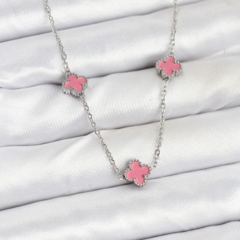 316L Çelik Zincir Gümüş Renk Pembe Baby Boy Yonca Kadın Kolye