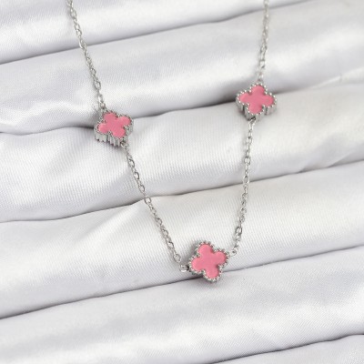 316L Çelik Zincir Gümüş Renk Pembe Baby Boy Yonca Kadın Kolye