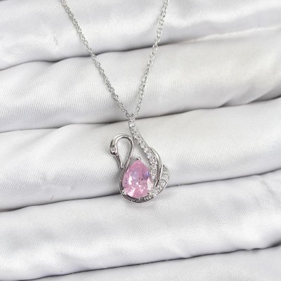 316L Çelik Zincir Gümüş Renk Pembe Kuğu Model Zirkon Taşlı Kadın Kolye