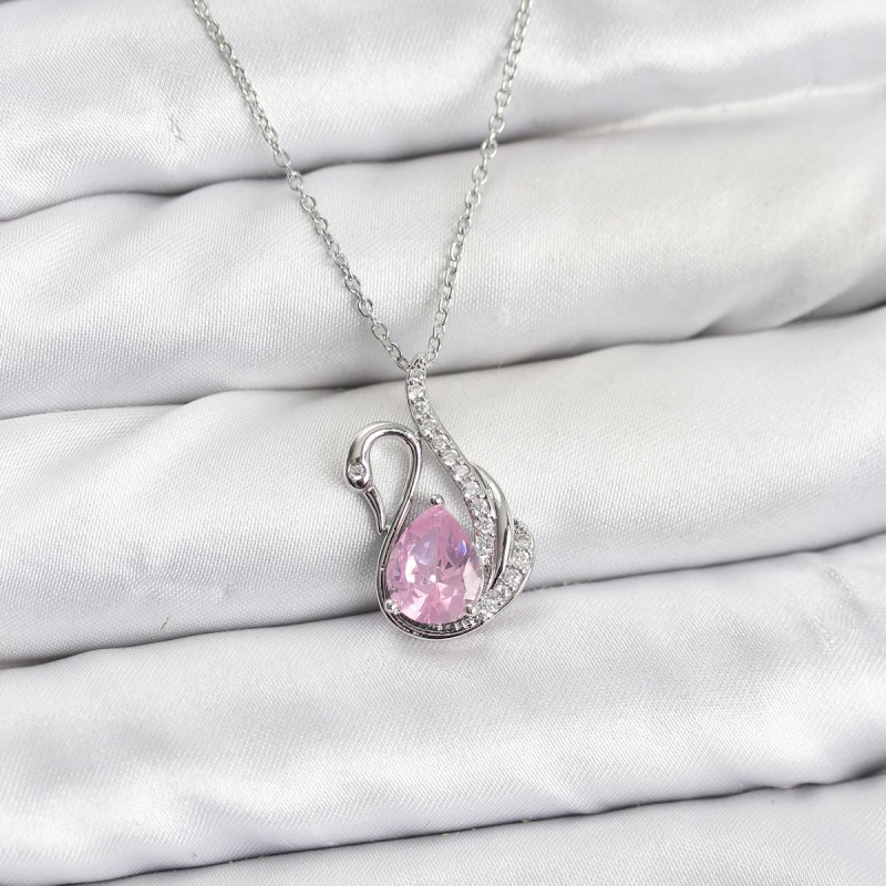 316L Çelik Zincir Gümüş Renk Pembe Kuğu Model Zirkon Taşlı Kadın Kolye