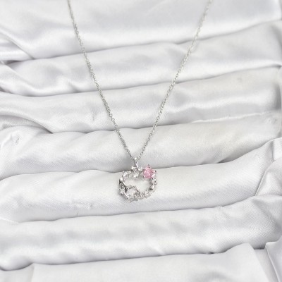 316L Çelik Zincir Gümüş Renk Pembe Taş Detaylı Çelenk Model Kadın Kolye