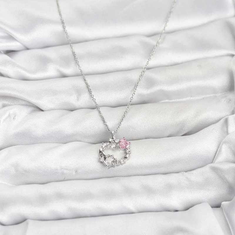 316L Çelik Zincir Gümüş Renk Pembe Taş Detaylı Çelenk Model Kadın Kolye