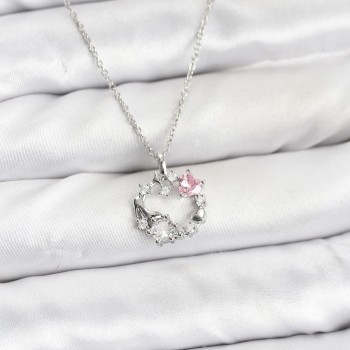 316L Çelik Zincir Gümüş Renk Pembe Taş Detaylı Çelenk Model Kadın Kolye