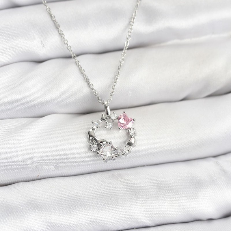 316L Çelik Zincir Gümüş Renk Pembe Taş Detaylı Çelenk Model Kadın Kolye