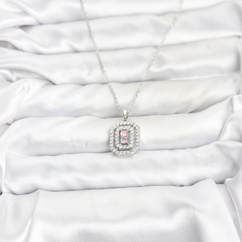 316L Çelik Zincir Gümüş Renk Plaka Model Zirkon Taşlı Kadın Kolye