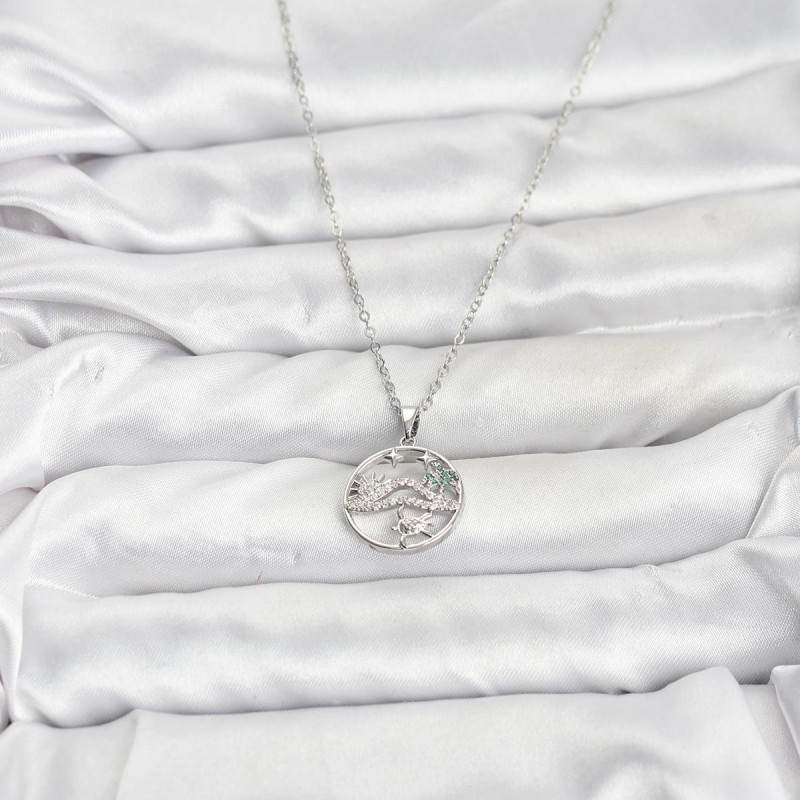 316L Çelik Zincir Gümüş Renk Şans Kolyesi Model Zirkon Taşlı Kadın Kolye