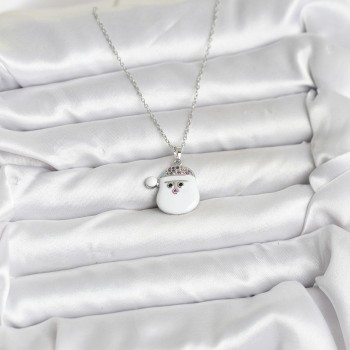 316L Çelik Zincir Gümüş Renk Şapkalı Kardan Adam Kafası Model Yılbaşı Temalı Kadın Kolye