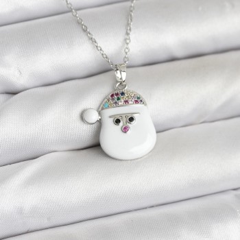 316L Çelik Zincir Gümüş Renk Şapkalı Kardan Adam Kafası Model Yılbaşı Temalı Kadın Kolye