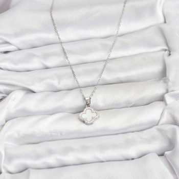 316L Çelik Zincir Gümüş Renk Sedefli Yonca Kadın Kolye