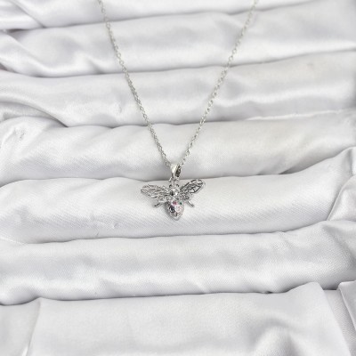 316L Çelik Zincir Gümüş Renk Sinek Model Zirkon Taşlı Kadın Kolye