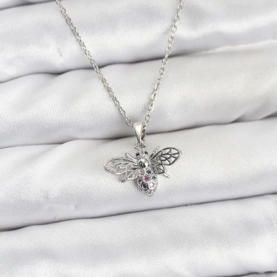 316L Çelik Zincir Gümüş Renk Sinek Model Zirkon Taşlı Kadın Kolye