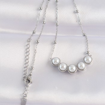 316L Çelik Zincir Gümüş Renk Sıralı İnci Taşlı Kolye