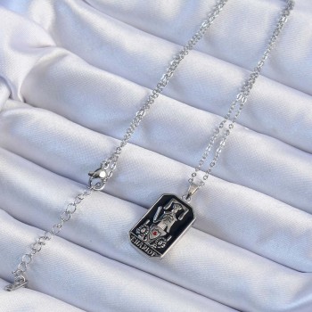 316L Çelik Zincir Gümüş Renk Siyah Mineli Tarot Kolye