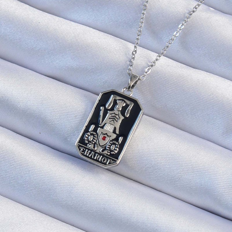 316L Çelik Zincir Gümüş Renk Siyah Mineli Tarot Kolye