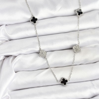 316L Çelik Zincir Gümüş Renk Siyah ve Zirkon Taşlı Baby Boy Yonca Kadın Kolye