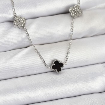 316L Çelik Zincir Gümüş Renk Siyah ve Zirkon Taşlı Baby Boy Yonca Kadın Kolye