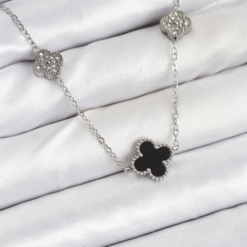 316L Çelik Zincir Gümüş Renk Siyah ve Zirkon Taşlı Yonca Kadın Kolye