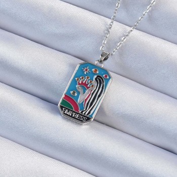 316L Çelik Zincir Gümüş Renk Taç ve Kız Figürlü Renkli Mineli Tarot Kolye
