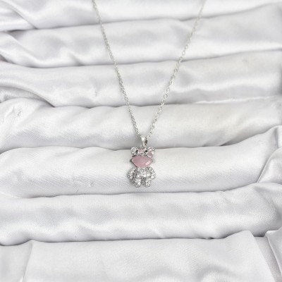 316L Çelik Zincir Gümüş Renk Teddy Bear Model Zirkon Taşlı Kadın Kolye