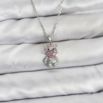 316L Çelik Zincir Gümüş Renk Teddy Bear Model Zirkon Taşlı Kadın Kolye