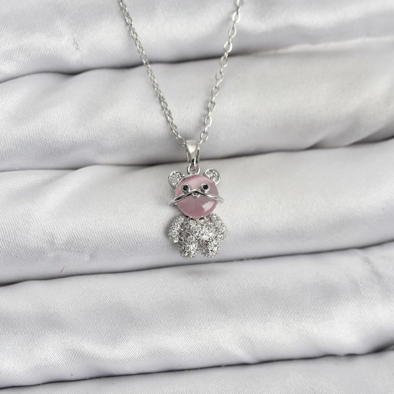 316L Çelik Zincir Gümüş Renk Teddy Bear Model Zirkon Taşlı Kadın Kolye